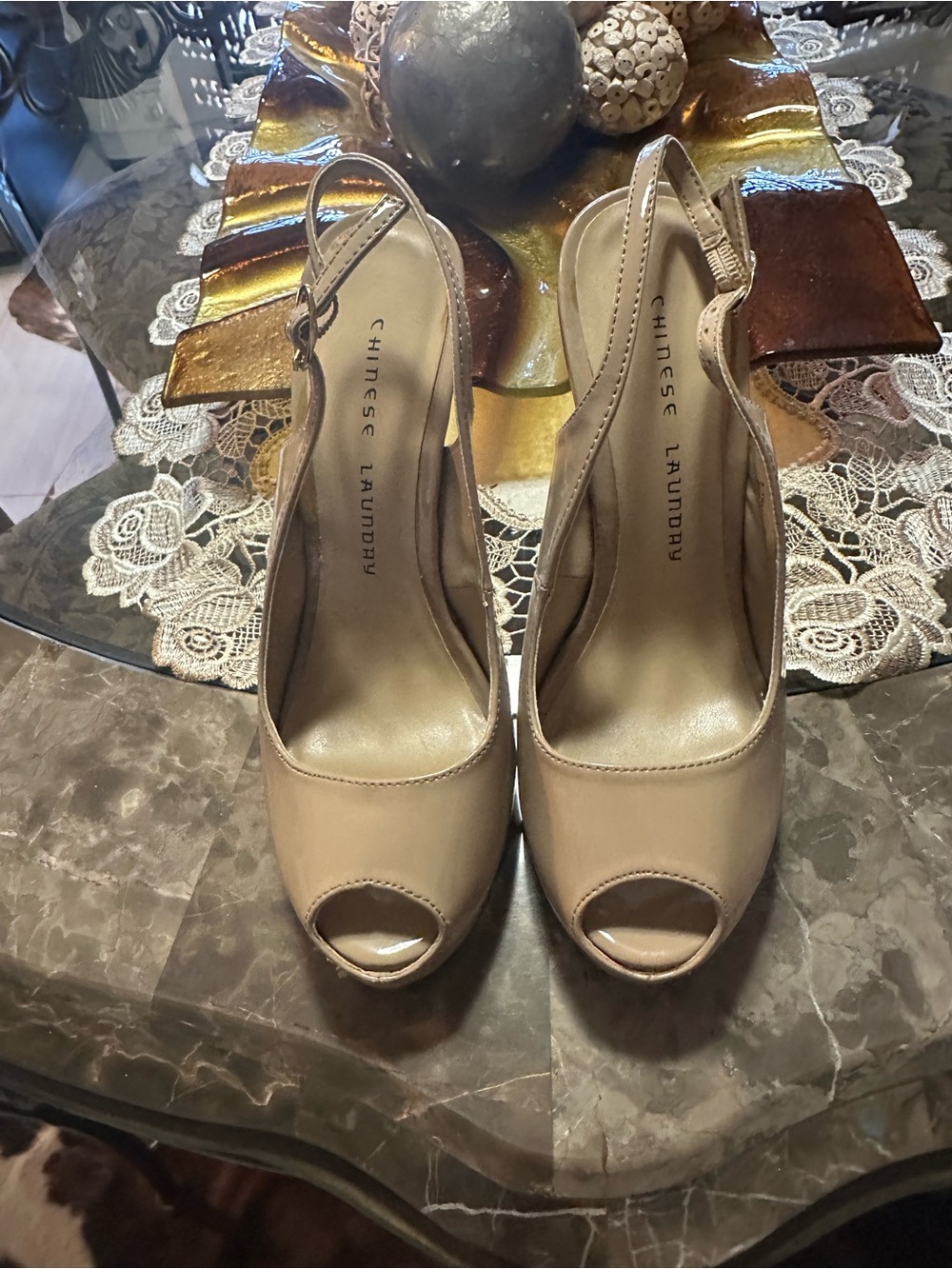 Chinese Laundry Beige Peep-Toe Slingback Heels